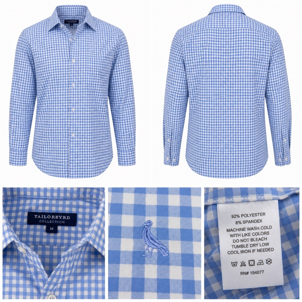 Tailorbyrd Collection Shirt Mens M Blue Gingham Performance Stretch Lightweight